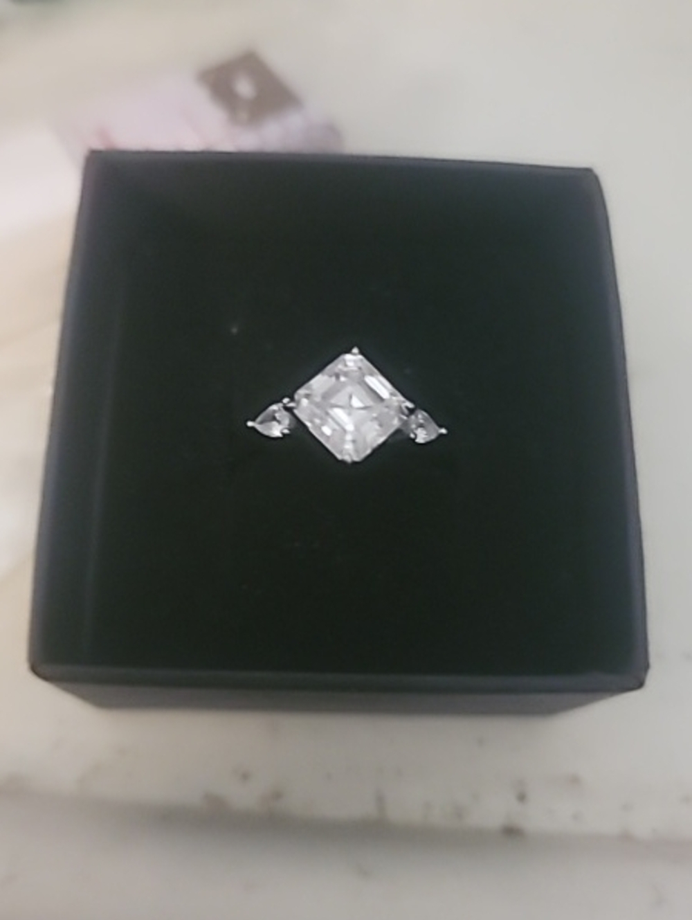 Clear Moissinite Three-Stone Silver Ring - Sparkling Clear Accent